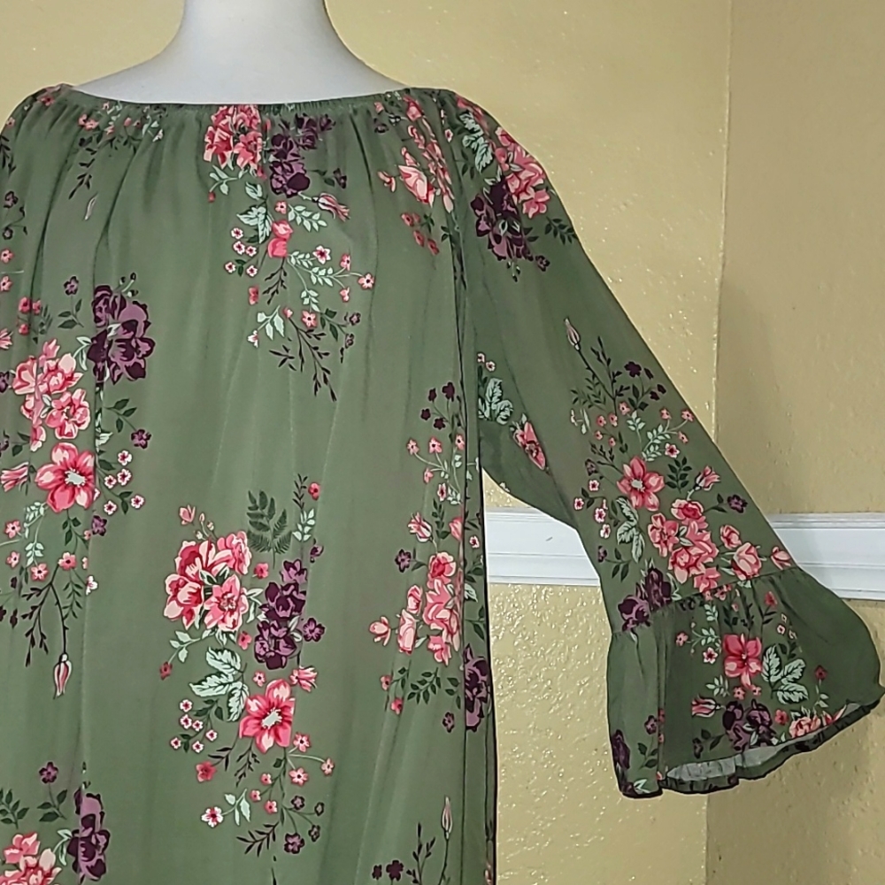 2X Shirt Dress Green with Pastel Floral